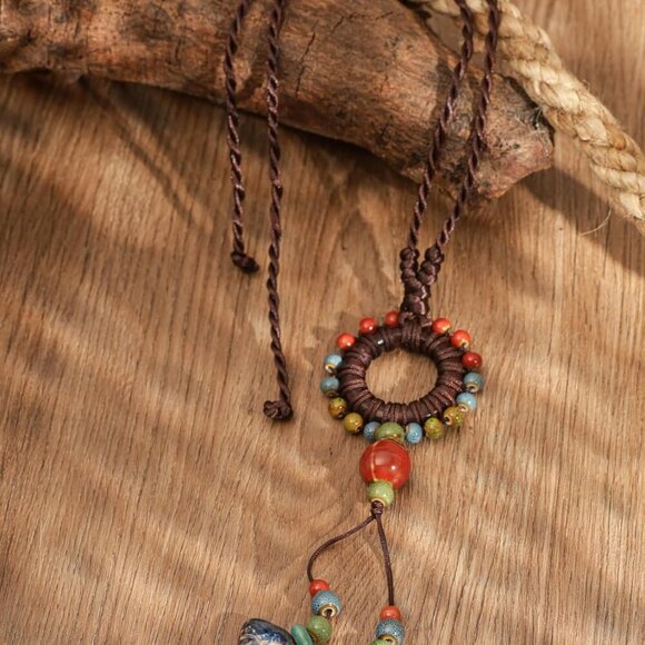 Boho Hippie Colorful Ceramic Beads Strand O Ring Circle Charm Long Y Necklace, V - Picture 3 of 7
